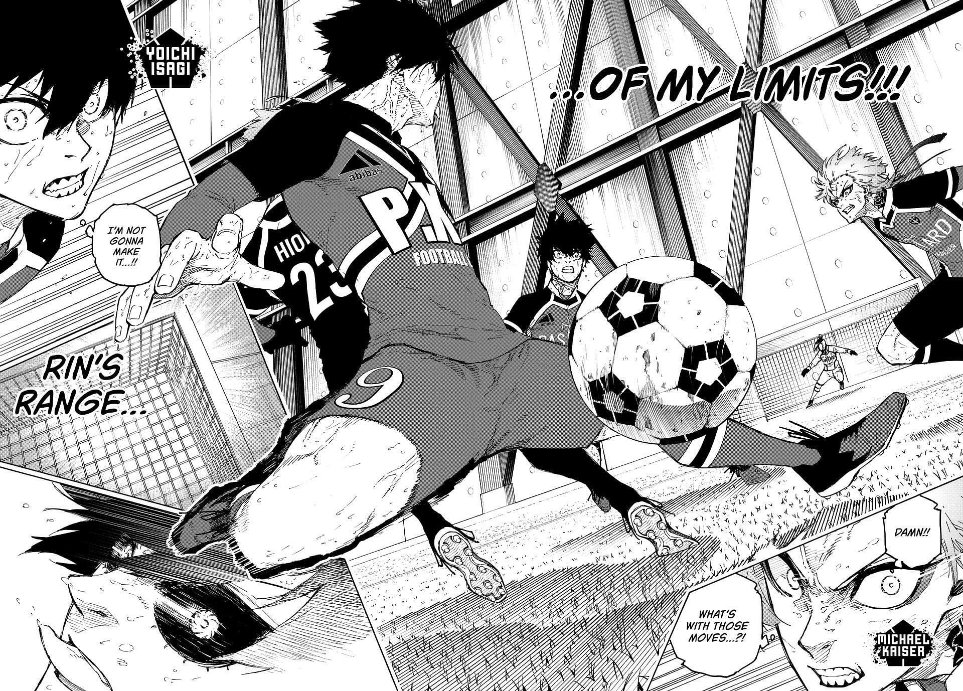 Yoichi Isagi and Michael Kaiser blocking Rin Itoshi's goal path (Image via Kodansha)